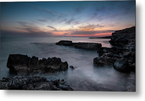 Seascape Metal Print featuring the photograph Rocky Seascape with dramatic beautiful sunset by Michalakis Ppalis