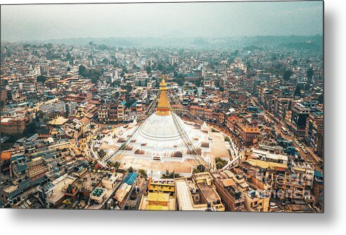 Buddhist Metal Print featuring the photograph Stupa temple Bodhnath Kathmandu, Nepal from air October 12 2018 by Raimond Klavins