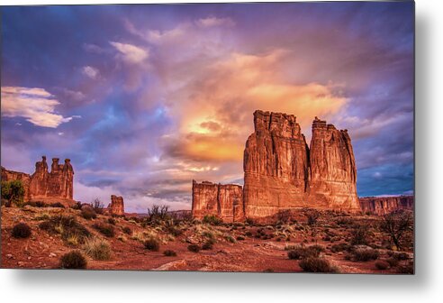 Arches National Park Metal Print featuring the photograph Sunrise on The Organ, Tower of Babel and the Three Gossips by Brenda Jacobs