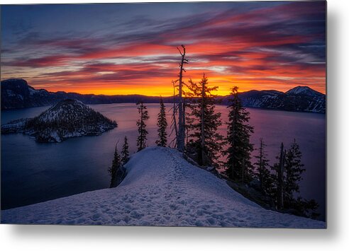 Winter Metal Print featuring the photograph Winter Crater Lake Sunrise by Lydia Jacobs