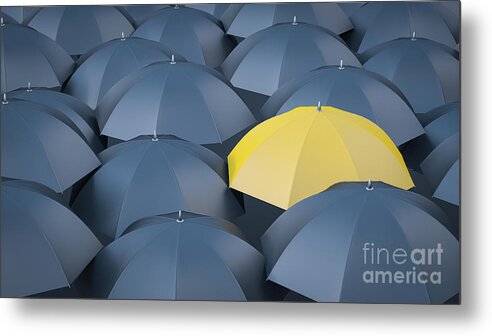 Funky Metal Print featuring the digital art Yellow Umbrella In Between Many Black by Westend61