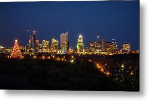 Tranquility Metal Print featuring the photograph Zilker Christmas Tree, Austin Skyline by Jonathan Lachance