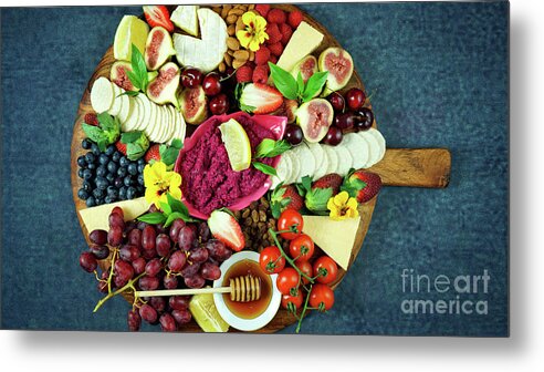 Food Metal Print featuring the photograph Cheese and fruit charcuterie dessert grazing platter on wooden board. #1 by Milleflore Images
