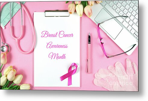 Pink Ribbon Metal Print featuring the photograph Pink Ribbon Breast Cancer Awareness Month doctor's desk concept. #1 by Milleflore Images