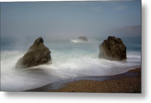 Long Exposure Metal Print featuring the photograph Three rocks in the ocean by Alessandra RC