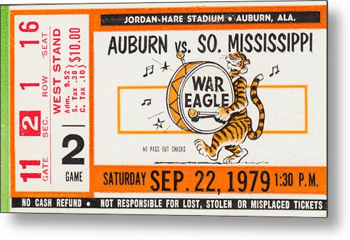 Auburn Metal Print featuring the mixed media 1979 Auburn Tiger Football Ticket Art by Row One Brand