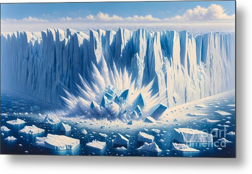 Glacier Metal Print featuring the painting A colossal glacier calving into the ocean with icebergs floating around by Jeff Creation