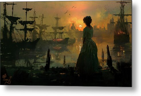 Sunset Metal Print featuring the painting A Moment at the Shipyard by Joseph Feely