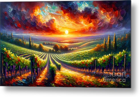 Sunset Metal Print featuring the painting A sprawling vineyard at sunset in the rolling countryside by Jeff Creation