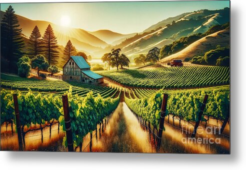 Napa Valley Metal Print featuring the painting A sun-drenched vineyard in Napa Valley, with rolling hills and a vintage barn. by Jeff Creation