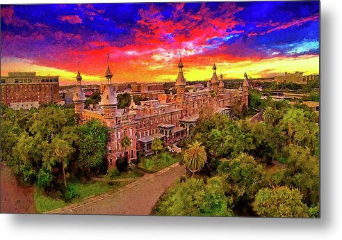 Henry B. Plant Museum Metal Print featuring the digital art Aerial of Henry B. Plant Museum in Tampa, Florida, at sunset - digital painting by Nicko Prints