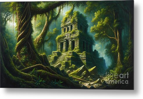 Ancient Metal Print featuring the painting An ancient Mayan or Incan ruin reclaimed by the jungle by Jeff Creation