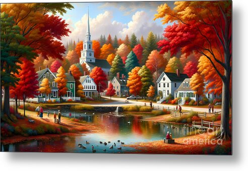 Autumn Metal Print featuring the digital art Autumn in New England, A picturesque scene of fall foliage in a quaint New England town by Jeff Creation