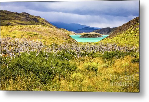 Torres Del Paine Metal Print featuring the photograph Blue lagoon in Torres del Paine, Chile by Lyl Dil Creations
