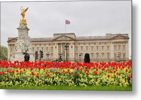 Buckingham Palace Tulips London Uk United Kingdom Britain England Red Yellow Green Queen Victoria Monument Union Jack Metal Print featuring the photograph Buckingham Palace Tulips by Jim Albritton