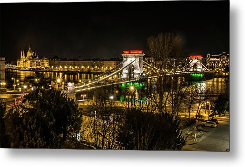 Budapest Metal Print featuring the photograph Chain Bridge lit up as the Hungarian Flag in Budapest by Tito Slack