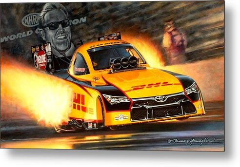 Nhra Drag Racing Top Fuel Funny Car Kenny Youngblood Tom Mcewen Mongoose John Force Del Worsham Metal Print featuring the painting Championship Delivery by Kenny Youngblood