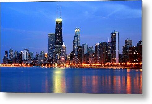Architecture Metal Print featuring the photograph Chicago Dusk Skyline Blue by Patrick Malon