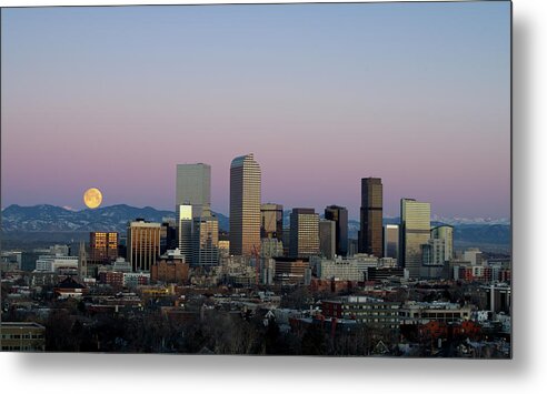 Denver Moon Alpenglow Metal Print featuring the photograph Denver Moonset by Ivan Franklin
