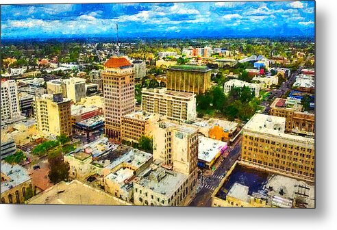 Fresno Metal Print featuring the digital art Downtown Fresno, California, digital painting by Nicko Prints