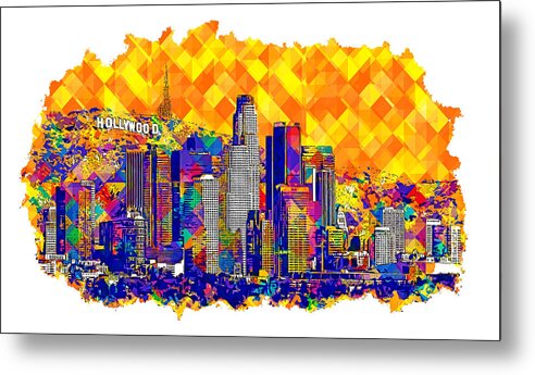 Los Angeles Metal Print featuring the digital art Downtown Los Angeles skyline with the Hollywood sign in the background - colorful digital painting by Nicko Prints
