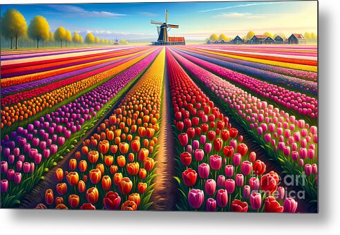 Tulip Metal Print featuring the digital art Dutch Tulip Fields, Brightly colored tulip fields in the Netherlands by Jeff Creation