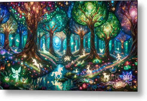 Enchanted Metal Print featuring the digital art Enchanted Forest Scene, A magical forest with glowing trees and fairytale creatures by Jeff Creation