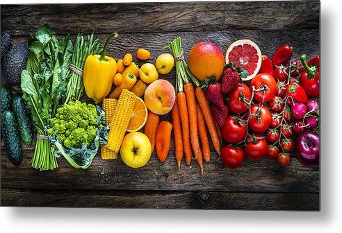 Broccoli Metal Print featuring the photograph Healthy fresh rainbow colored fruits and vegetables in a row by Fcafotodigital