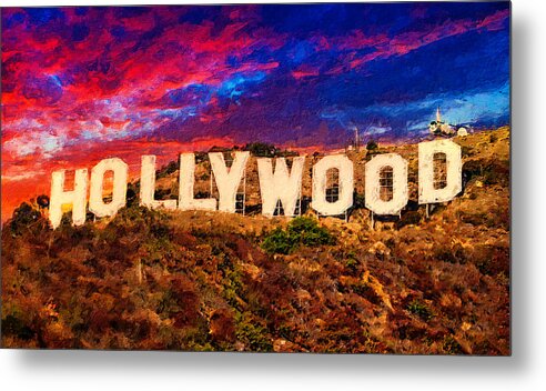 Hollywood Metal Print featuring the digital art Hollywood sign in the sunset light with a dramatic sky - digital painting by Nicko Prints