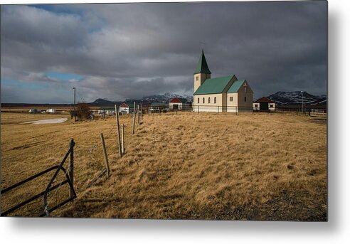 Icelandic Metal Print featuring the photograph Icelandinc landscape with traditional church in Iceland by Michalakis Ppalis