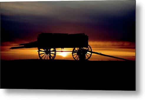 Wagon Metal Print featuring the photograph Last Load - wagon with load of lumber in silhouette with sunset by Peter Herman