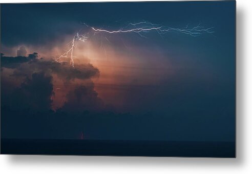 Sea Metal Print featuring the photograph Lightnings over the sea at night - Sicily by Mirko Chessari