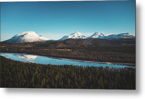 Touristic Metal Print featuring the photograph Malselva River with a reflection on the snow-covered hills by Vaclav Sonnek