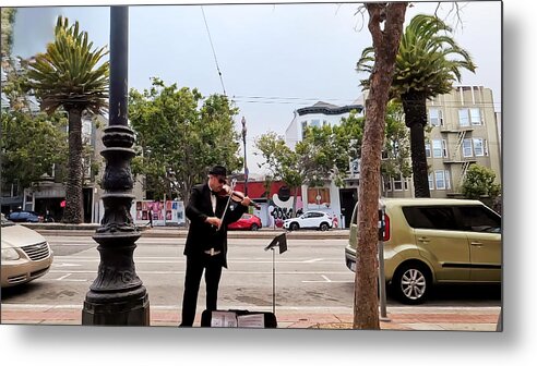 Maket Street San Francisco Metal Print featuring the photograph Market Street The Strolling Violinist by Bencasso Barnesquiat