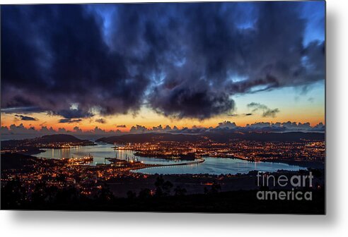 Port Metal Print featuring the photograph Panoramic View of Ferrol Estuary with Bridge and Shipyards Stormy Sky at Dusk La Corua Galicia by Pablo Avanzini