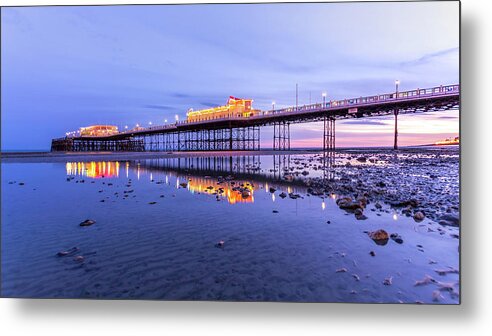 Beach Metal Print featuring the photograph Reflection of the pier at sunset by Andrew Lalchan