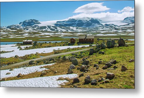 Blue Sky Metal Print featuring the photograph Remote Norwegian Cabins in the Mountain Pass by Matthew DeGrushe