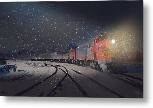 Railroad Art Metal Print featuring the painting Santa Fe Night Curve by Glenn Galen