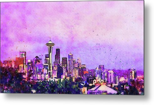 Seattle Metal Print featuring the digital art Seattle City Skyline at Dawn Watercolor Painting by Shelli Fitzpatrick