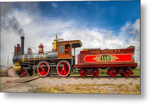 Train Metal Print featuring the photograph Steam Engine at Golden Spike by Pam Rendall