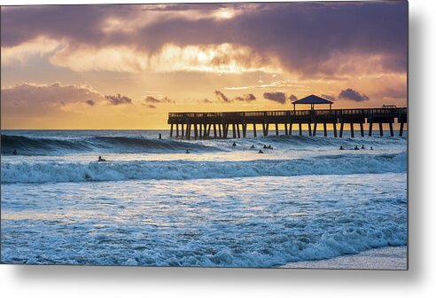 Beach Metal Print featuring the photograph Sunrise Surfers by Laura Fasulo