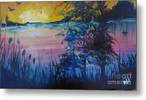 Lake Metal Print featuring the painting Sunset on the Lake by Saundra Johnson
