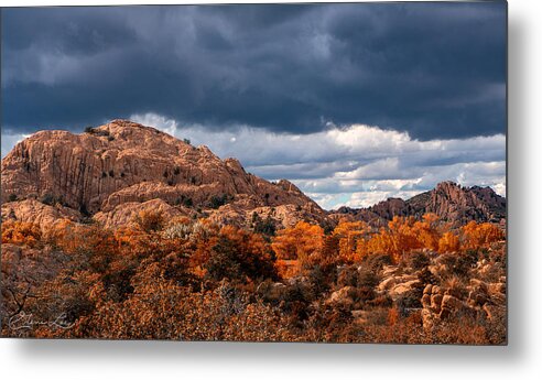 Fall Colors Granite Dells Boulders Water Lake Revivor Fstop101 Prescott Arizona Red Blue Colorful Rock Dark Clouds Summer Monsoon Storm Metal Print featuring the photograph The Granite Dells Bathed in Fall Colors by Geno