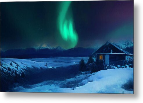 Winter Cabin Mountain Aurora Metal Print featuring the painting Winter Cabin Mountain Aurora by Dan Sproul
