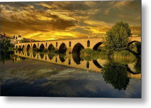Sunset Metal Print featuring the photograph Zamora's Roman Bridge by Micah Offman
