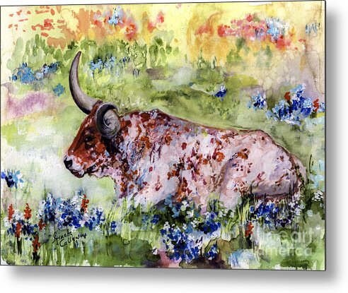 Texas Metal Print featuring the painting Texas Longhorn In Blue Bonnets by Ginette Callaway
