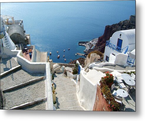 Greece Greek Islands Santorini Oia Landscape Stairway Cyclades Metal Print featuring the photograph Top to Bottom by Brenda Salamone