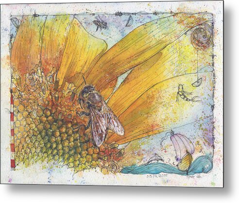 Bees Metal Print featuring the painting Bees and Sunflower by Petra Rau