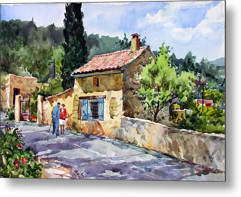Wine Country Metal Print featuring the painting Morning News in Gigondas by Tony Van Hasselt