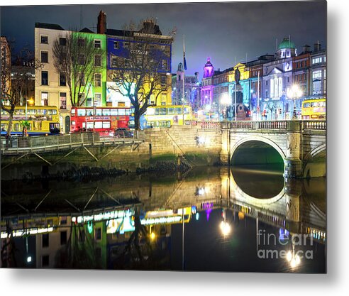 River Liffey Colors At Night Metal Print featuring the photograph Dublin River Liffey Colors at Night by John Rizzuto